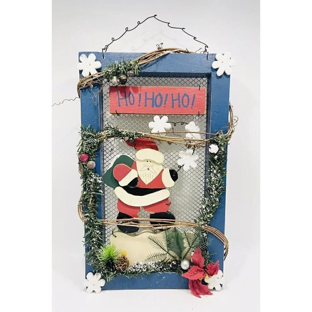 Christmas Santa Wall Hanging Wood Decor Sign HO HO HO Door Red White Blue