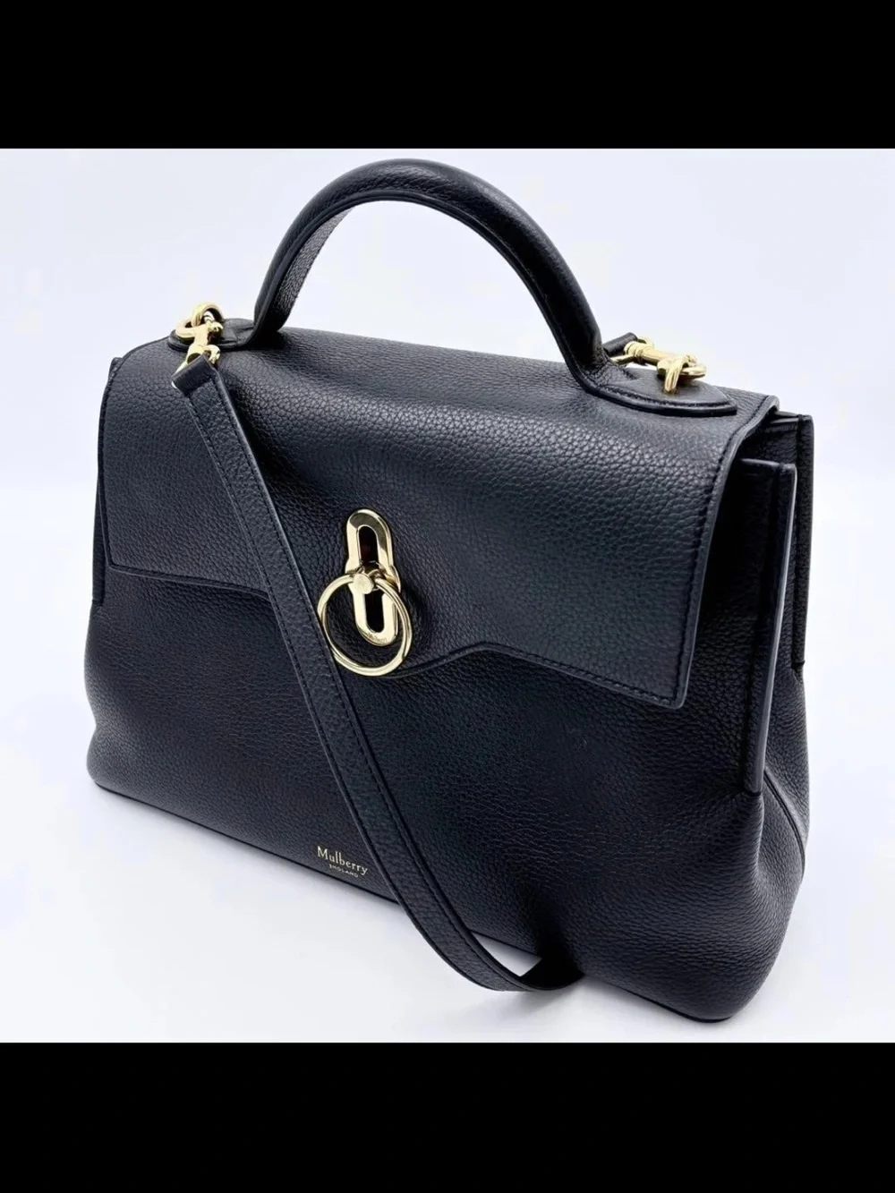 Mulberry Black Grain Leather Top-Handle Satchel with Gold Hardware
