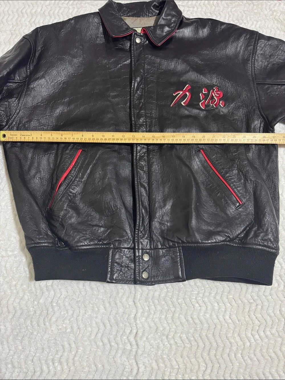Power Souce Vintage Heavy Black Leather Bomber Jacket Japanese Dragon Embroidery