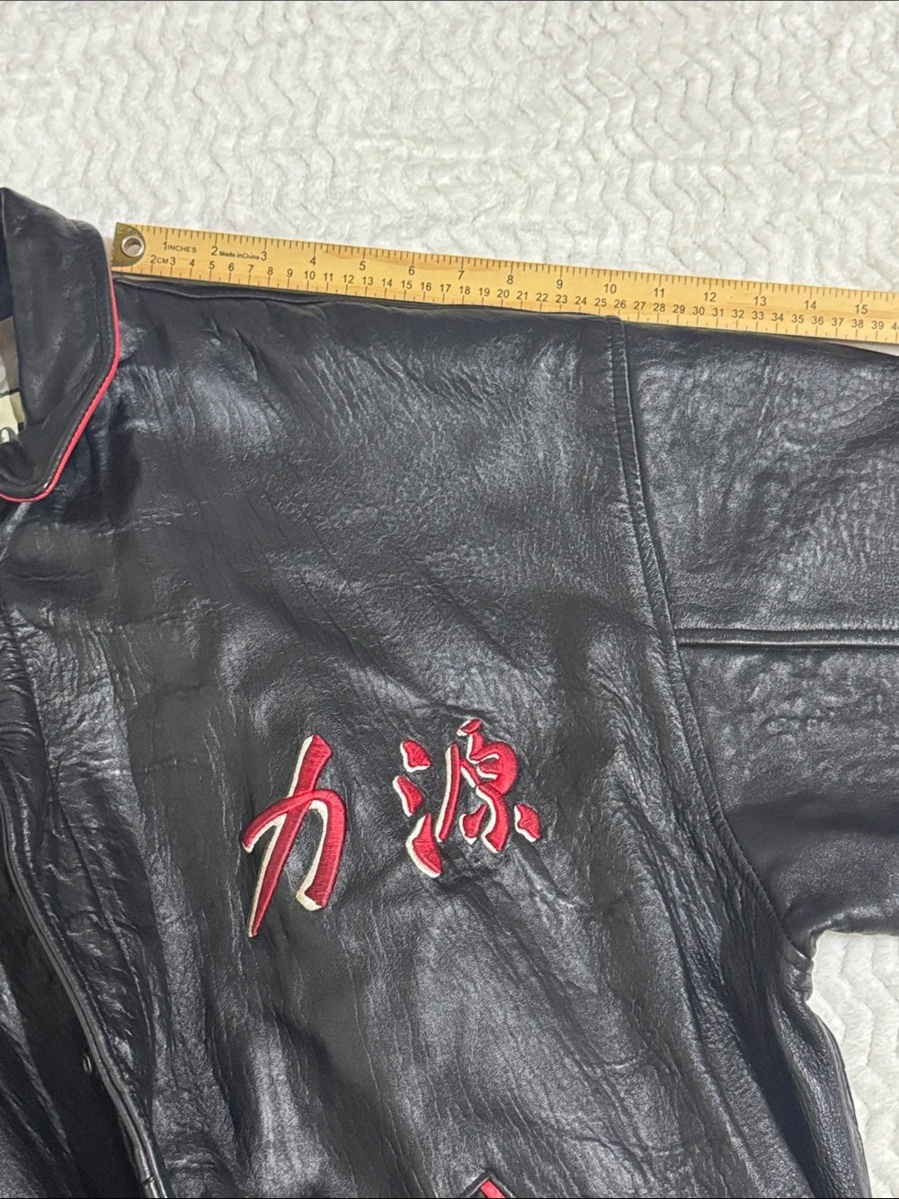 Power Souce Vintage Heavy Black Leather Bomber Jacket Japanese Dragon Embroidery