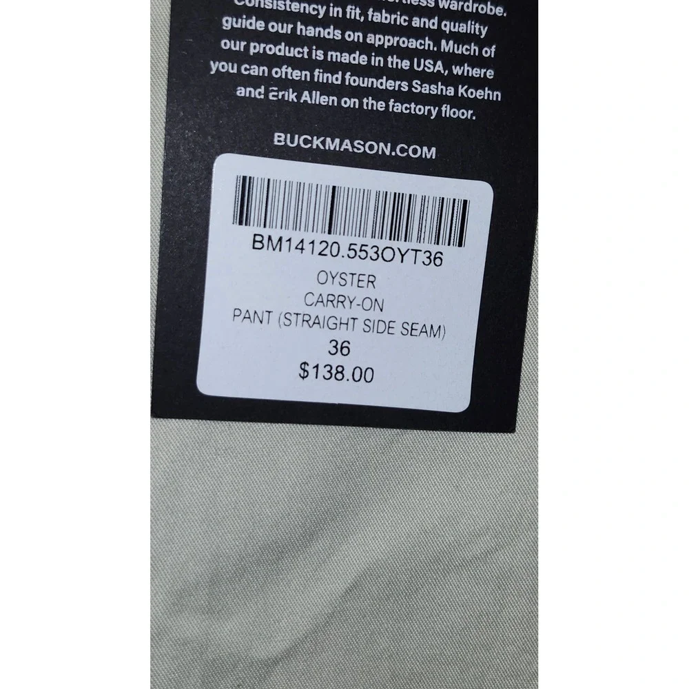 Buck Mason Carry-On Pant Oyster Straight Side Seam Chino BM14120.553 Size 36x32