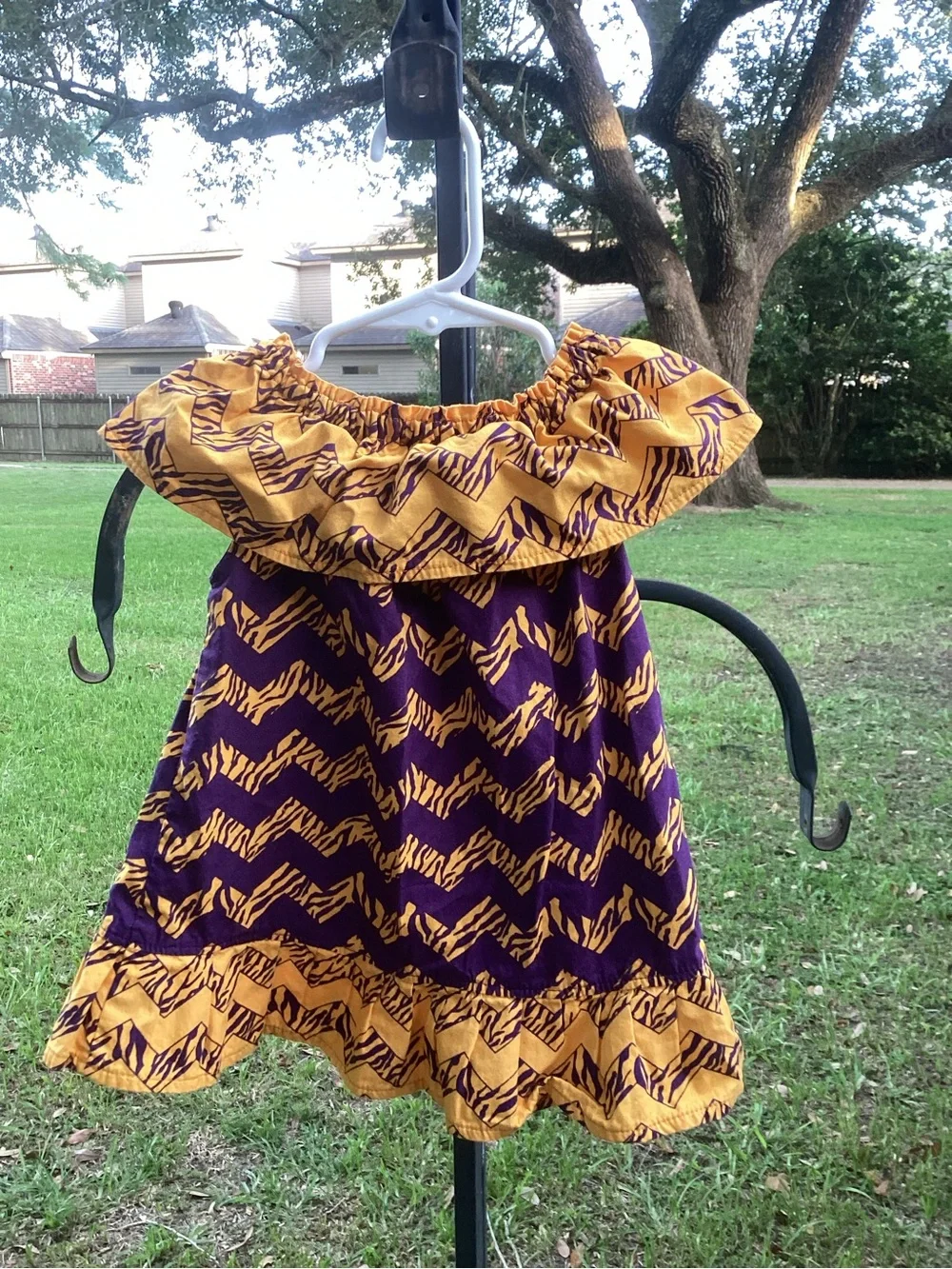 Purple and Gold Off-Shoulder Ruffle Dress