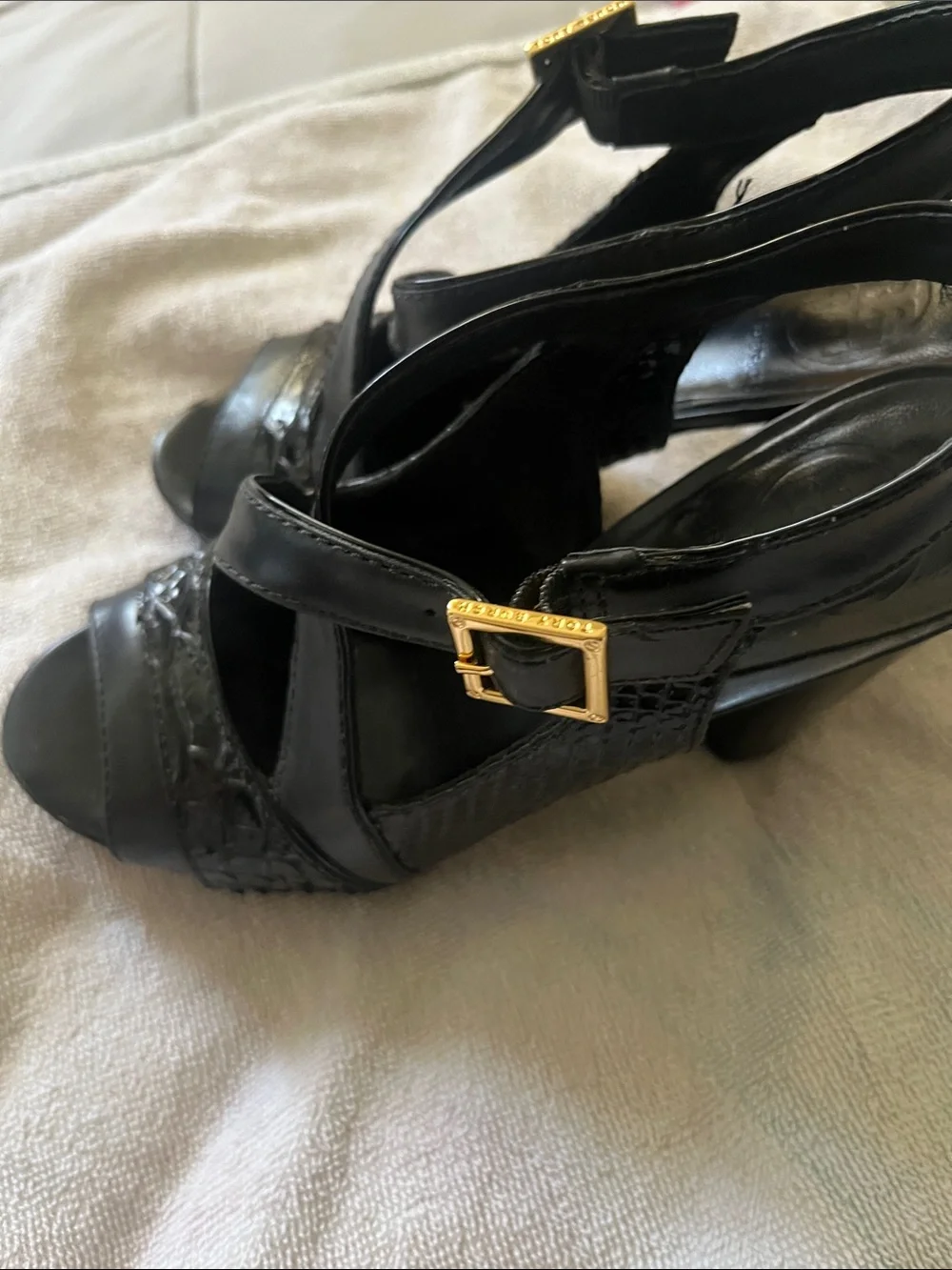 Tory Burch Black Leather Crisscross Slingback Heels with Gold Buckles