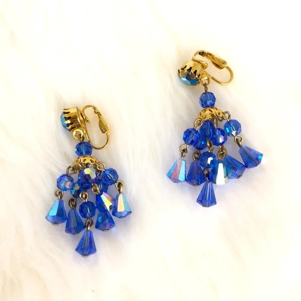 Vintage Hattie Carnegie Signed Austrian Crystal Blue Chandelier Clip Earrings