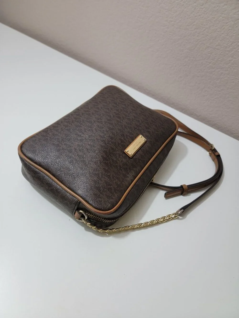 Michael Kors Jet Set Large Crossbody Handbag Brown Signature MK Chain Bag Purse