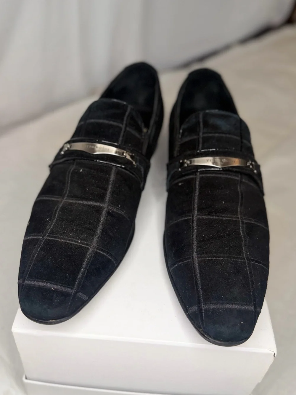 Men's Black Suede Check Loafers with Metal Accent