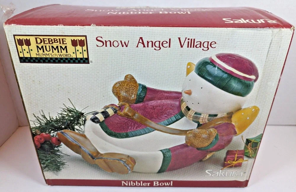 Sakura Debbie Mumm Snow Angel Village Snowman Nibbler Bowl MIB