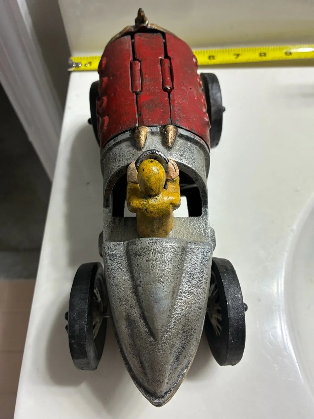 Vintage -style decorative cast iron race car modeled after Hubley racers