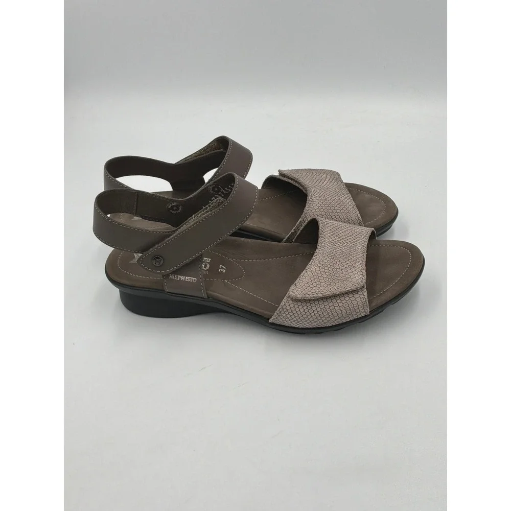 Mephisto Wedge‎ Sandals Womens 37 Brown Snake Print Leather Comfort Strap