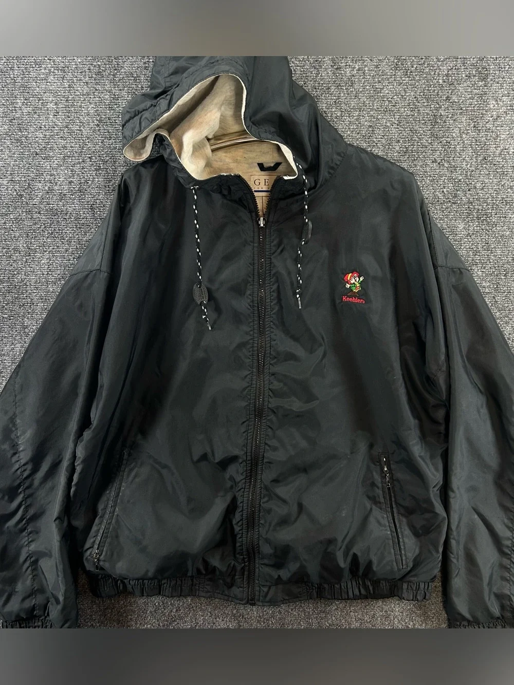 Vintage Keebler Elf Embroidered Jacket/Windbreaker w/Hooded Large Black Lined