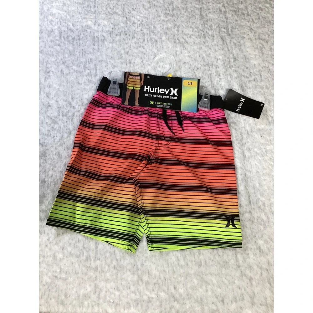 Hurley Youth Boys Pull-On‎ Swim Shorts Pink Orange Green Striped 5/6 985888-E69