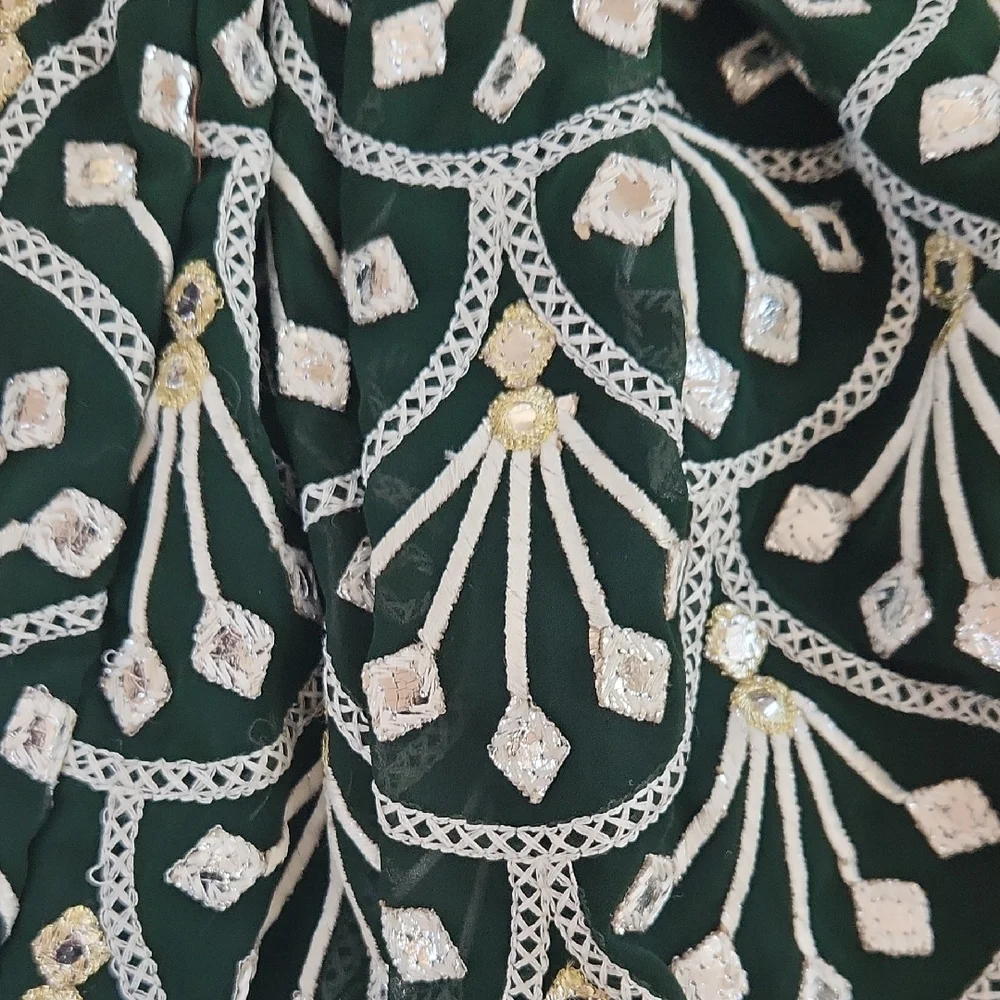Dark Green and White Three-Piece Lehanga Choli For Girls 2-3 Yrs Short Sleeves