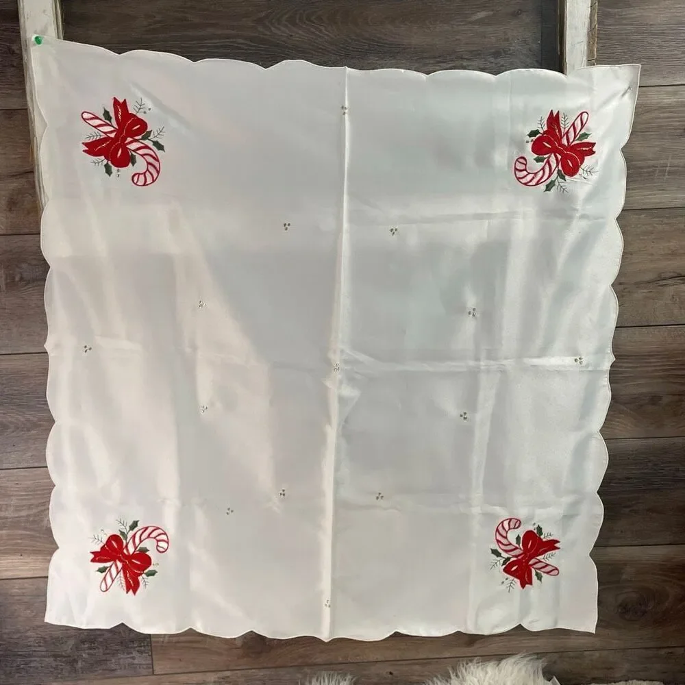 Vintage Christmas Satin Like Tablecover Candy Canes Bows Holly Home Decor 34x34