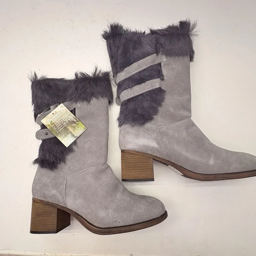 BEARPAW Madeline Boots Women 13 Gray Suede Goat Fur Fleece Block Heel NIB