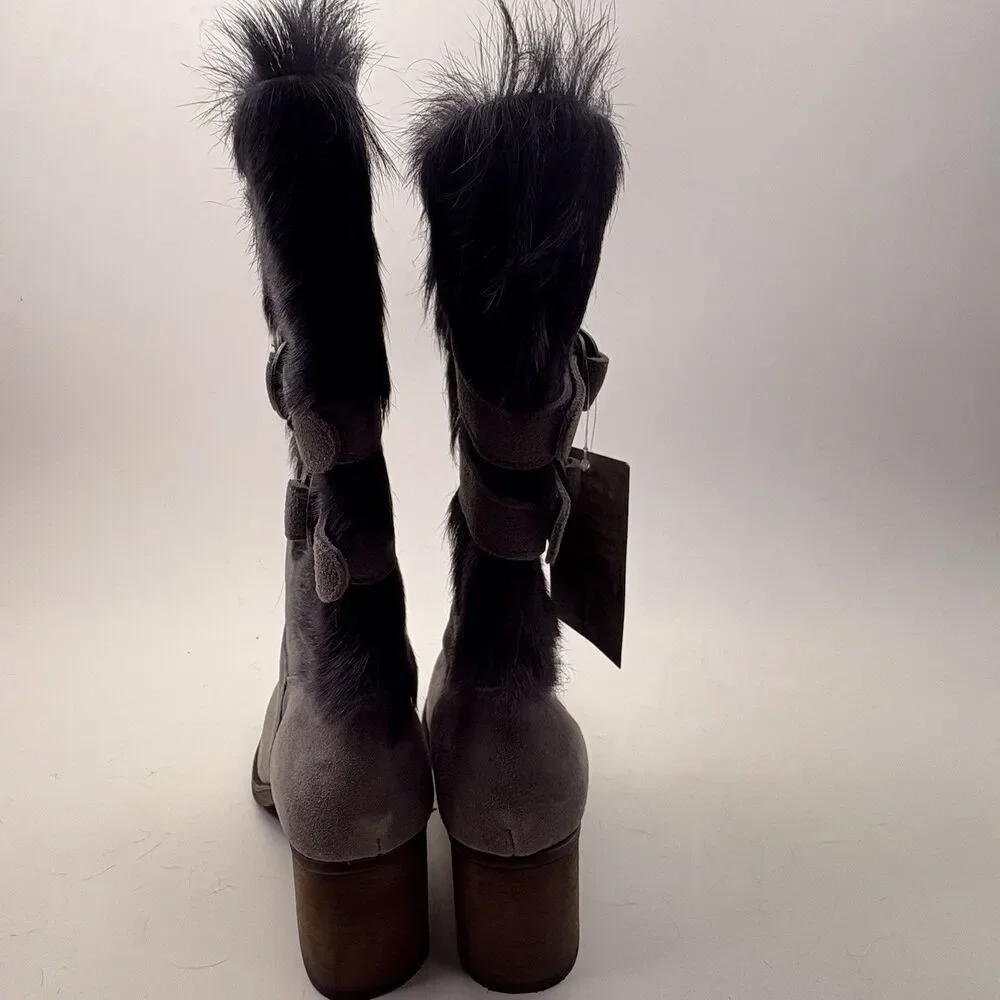 BEARPAW Madeline Boots Women 13 Gray Suede Goat Fur Fleece Block Heel NIB
