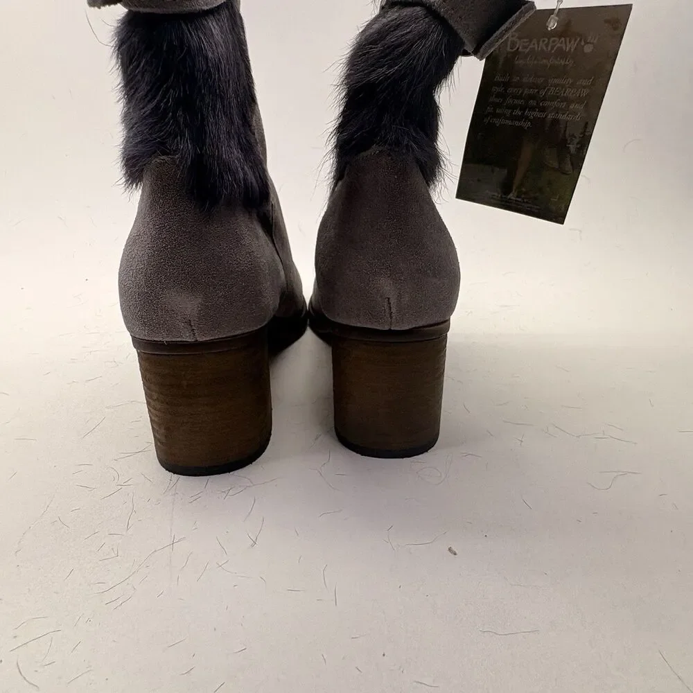 BEARPAW Madeline Boots Women 13 Gray Suede Goat Fur Fleece Block Heel NIB