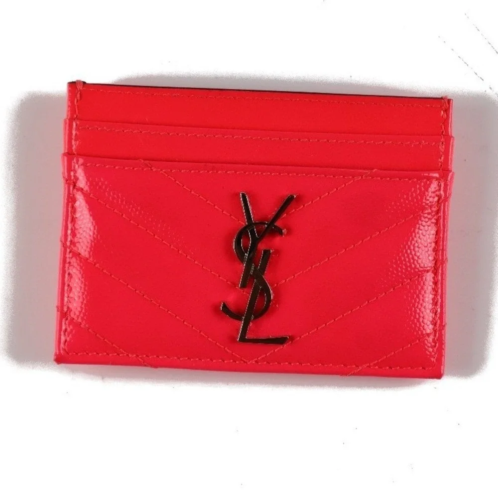 Saint Laurent Card Holder Cassandre Monogram Neon Pink Leather MSRP $380