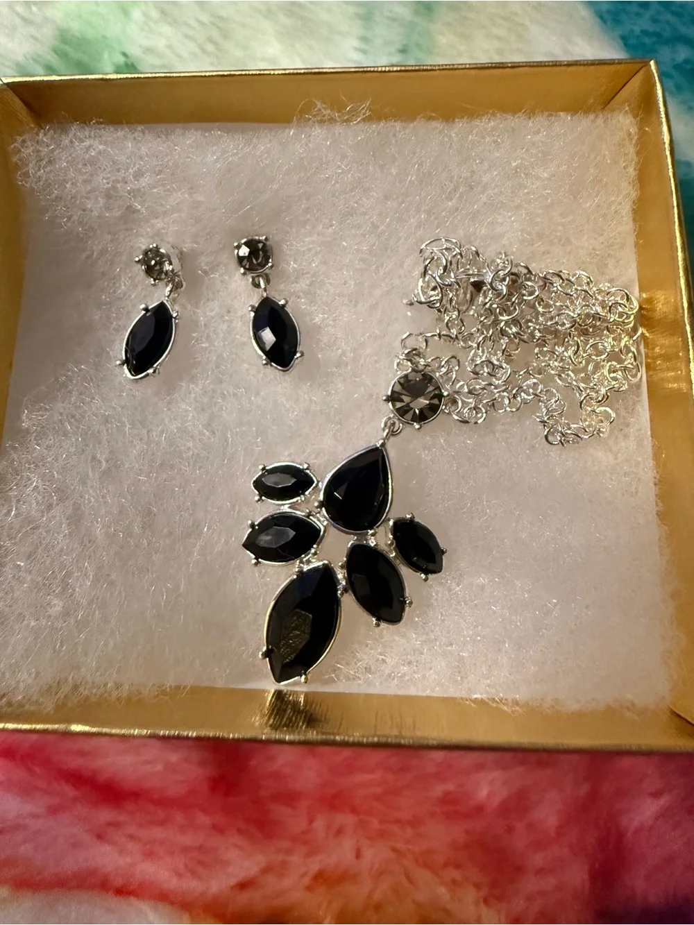 Premier Designs Silver-Tone Necklace & Earrings with Black Stones