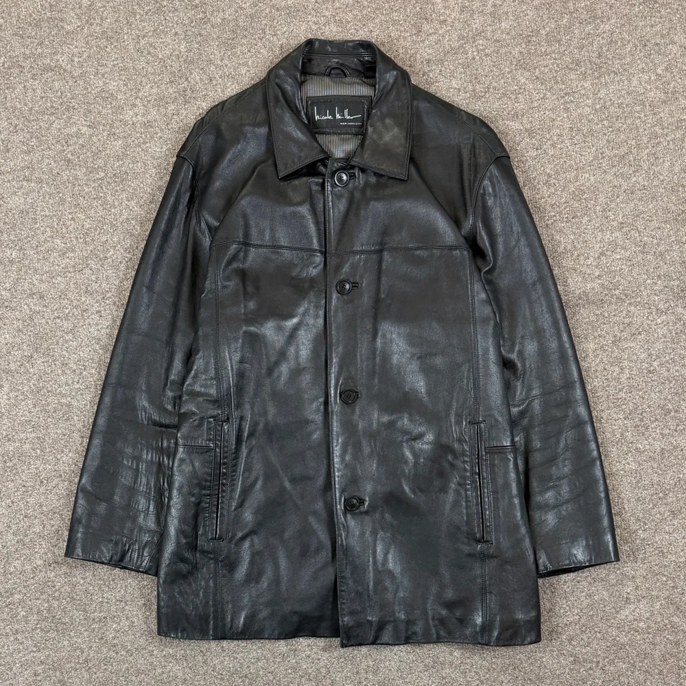 Nicole Miller Black Genuine Lamb Leather Button Front Collared Jacket Mens Large