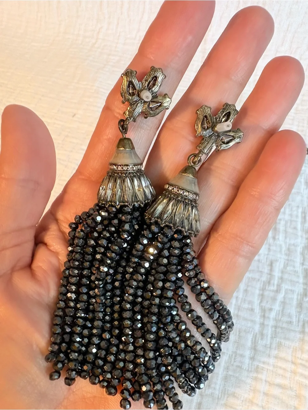 Vtg Tassel Pierced Earrings Rhinestones Black Jet Beads Boho  Anthro Style 1990s