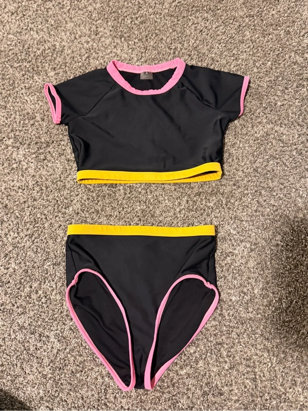 Girls' 2 piece cropped top Black Swim Set with Pink and Yellow Trim