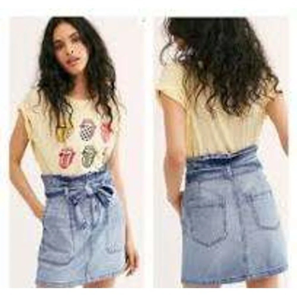 Free People‎ Paperbag Denim Mini Skirt Blue Sz 8 Belt Boho Y2K High Waisted