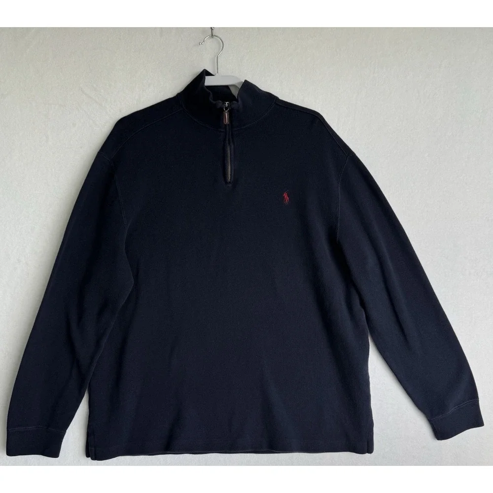 Polo Ralph Lauren 1/4 Zip Navy Blue Knitted‎ VTG Sweater Sweatshirt Pullover XL