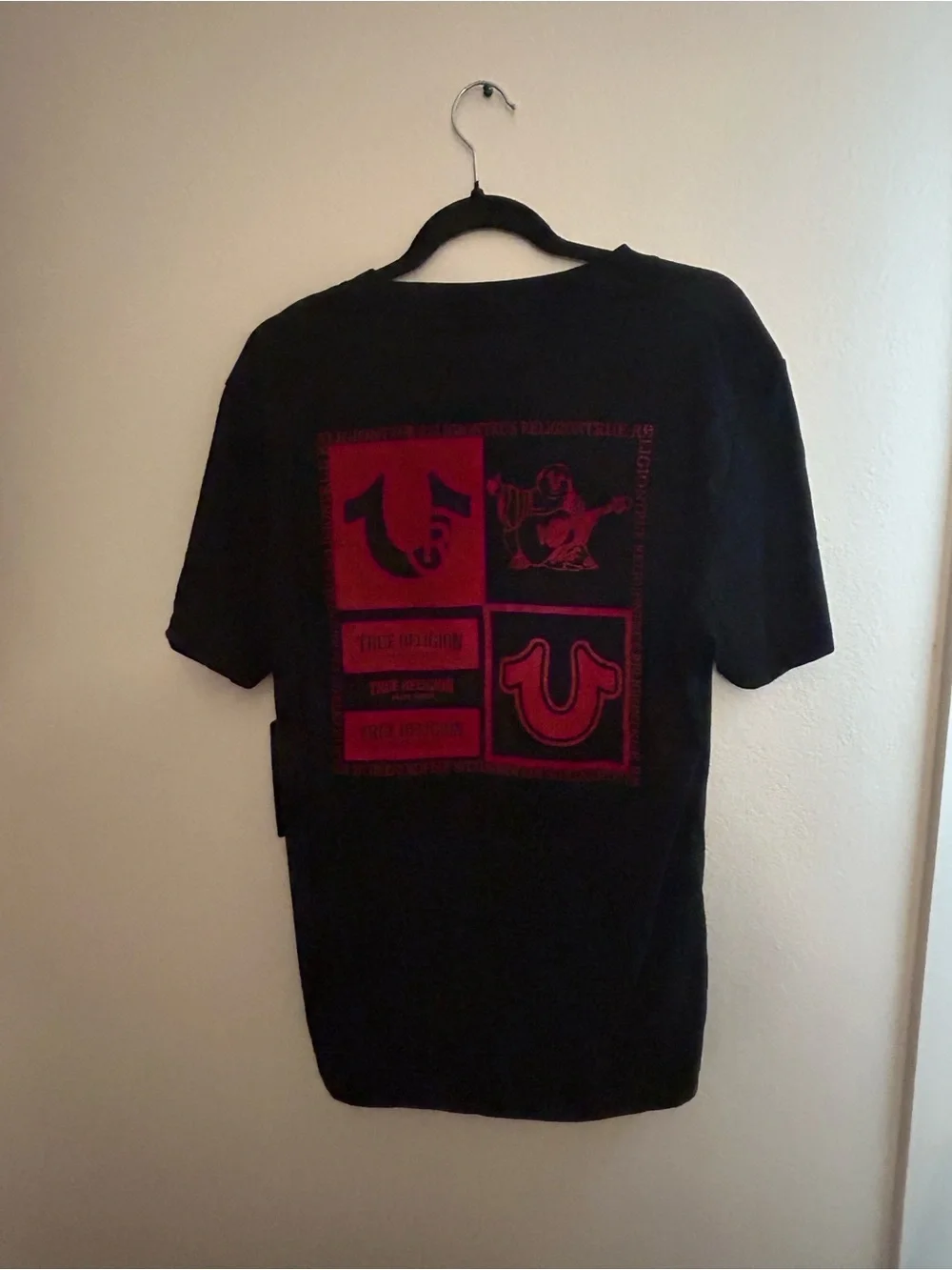True Religion Black Short Sleeve Tee with Red Logo Patch
