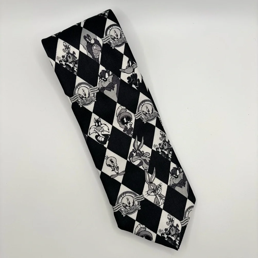 Vintage Looney Tunes Black White Checkered Stamp Tie Tweety Sylvester Bugs Bunny