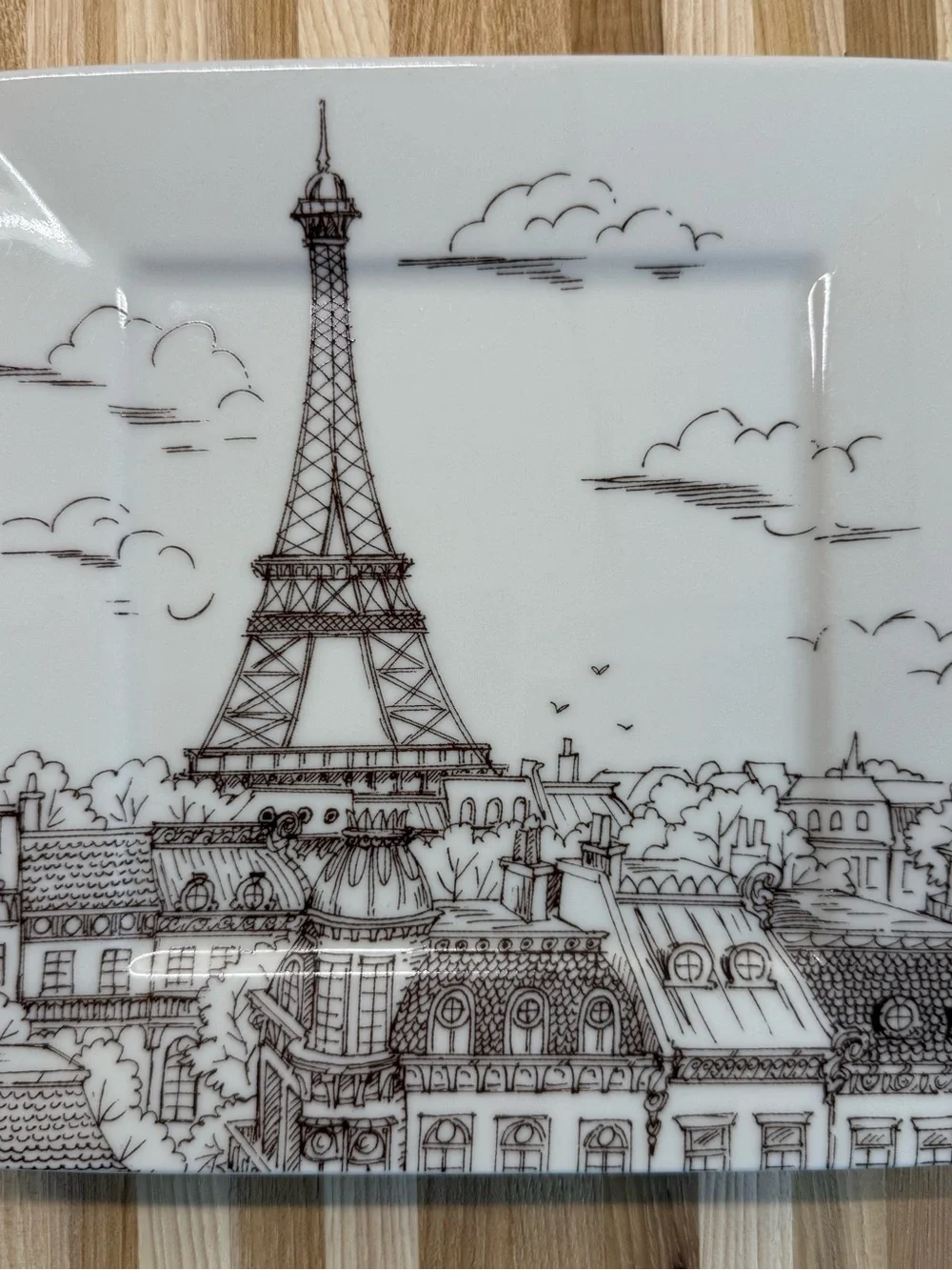 222 Fifth City Scenes Paris Eiffel Tower Square Dinnerware Set Plate & Bowl Trio