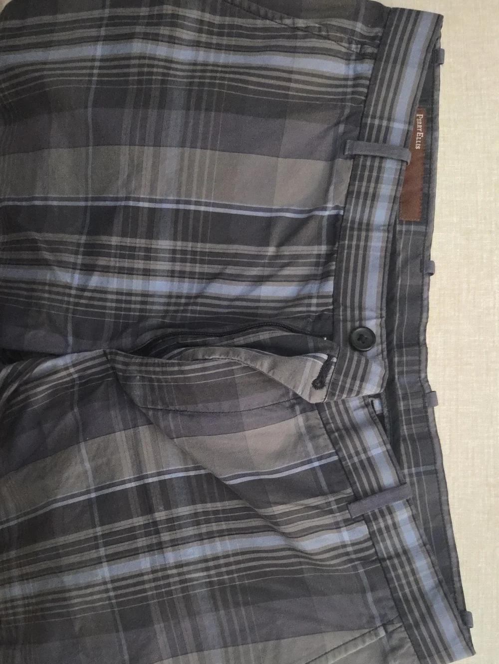 Perry Ellis Gray and Blue Plaid Flat Front Shorts
