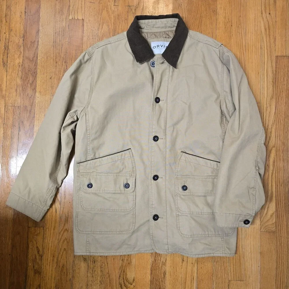 Orvis Jacket Mens Large Khaki Barn Coat Field Canvas Quilted Corduroy Collar XL