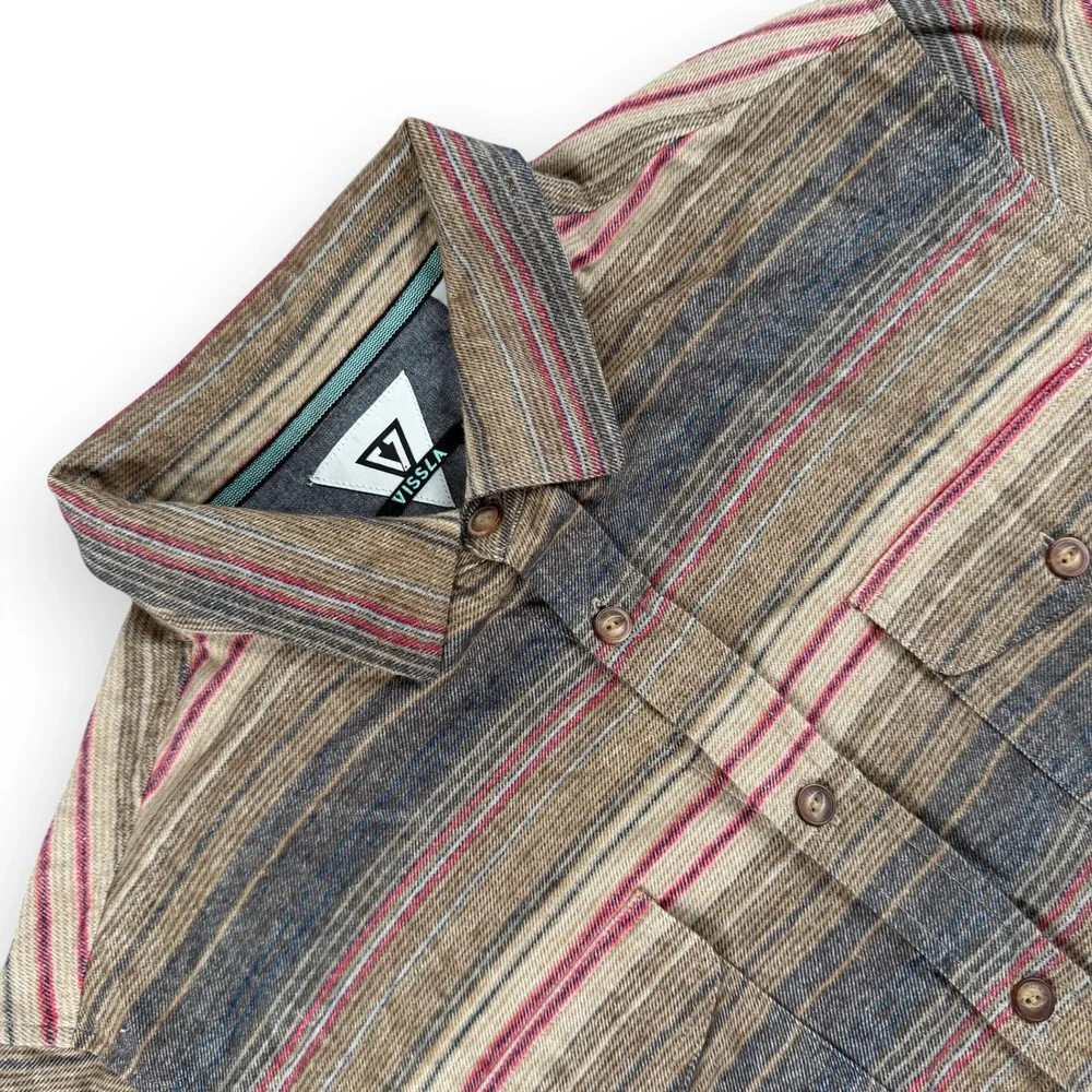 Vissla Shirt Mens‎ L Brown Stripe Long Sleeve Button Down Casual Central Coast