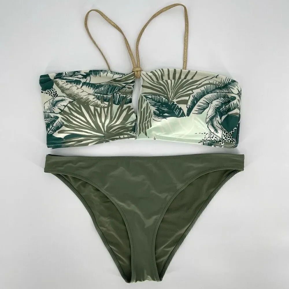 Aerie Keyhole Bandeau Top Cheeky Bottom Swimsuit Set Green Tropical‎ Print XXL