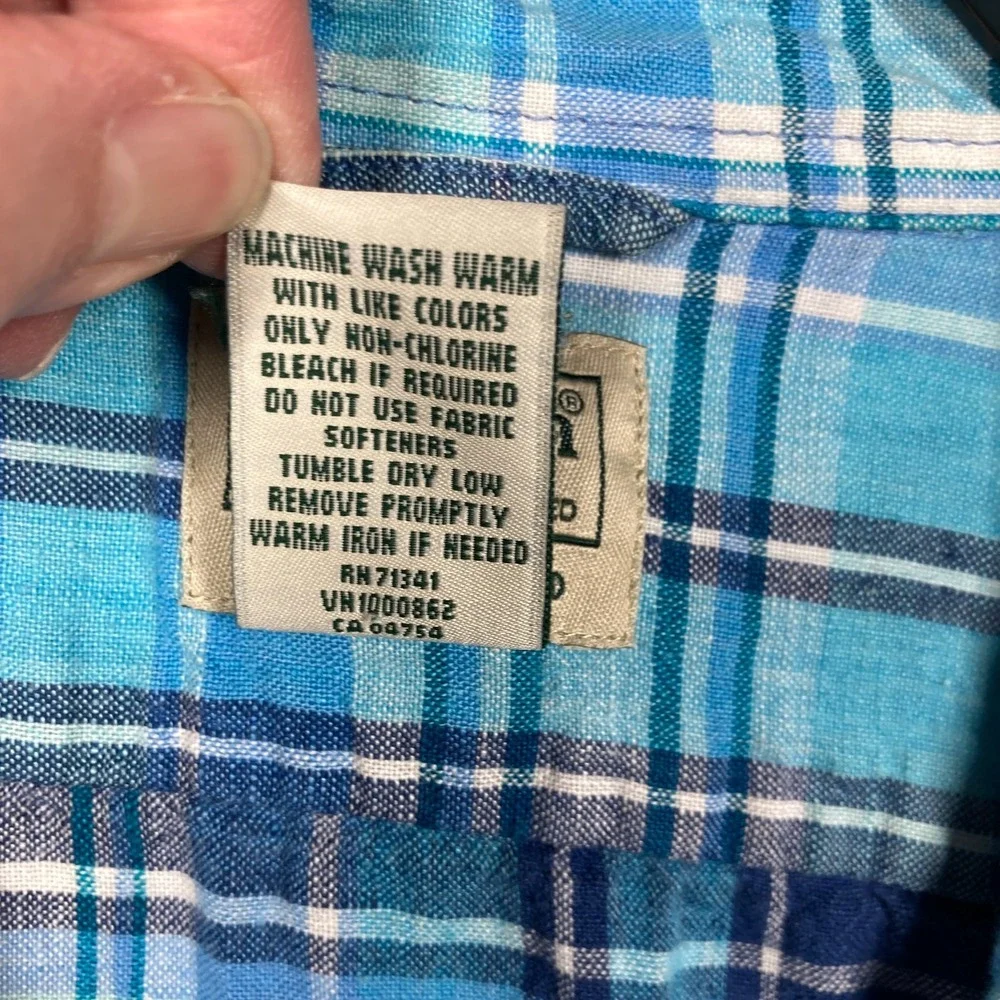 LL Bean Linen Button Shirt Mens XXL Tall Blue Plaid Short Sleeve Slightly Fitted