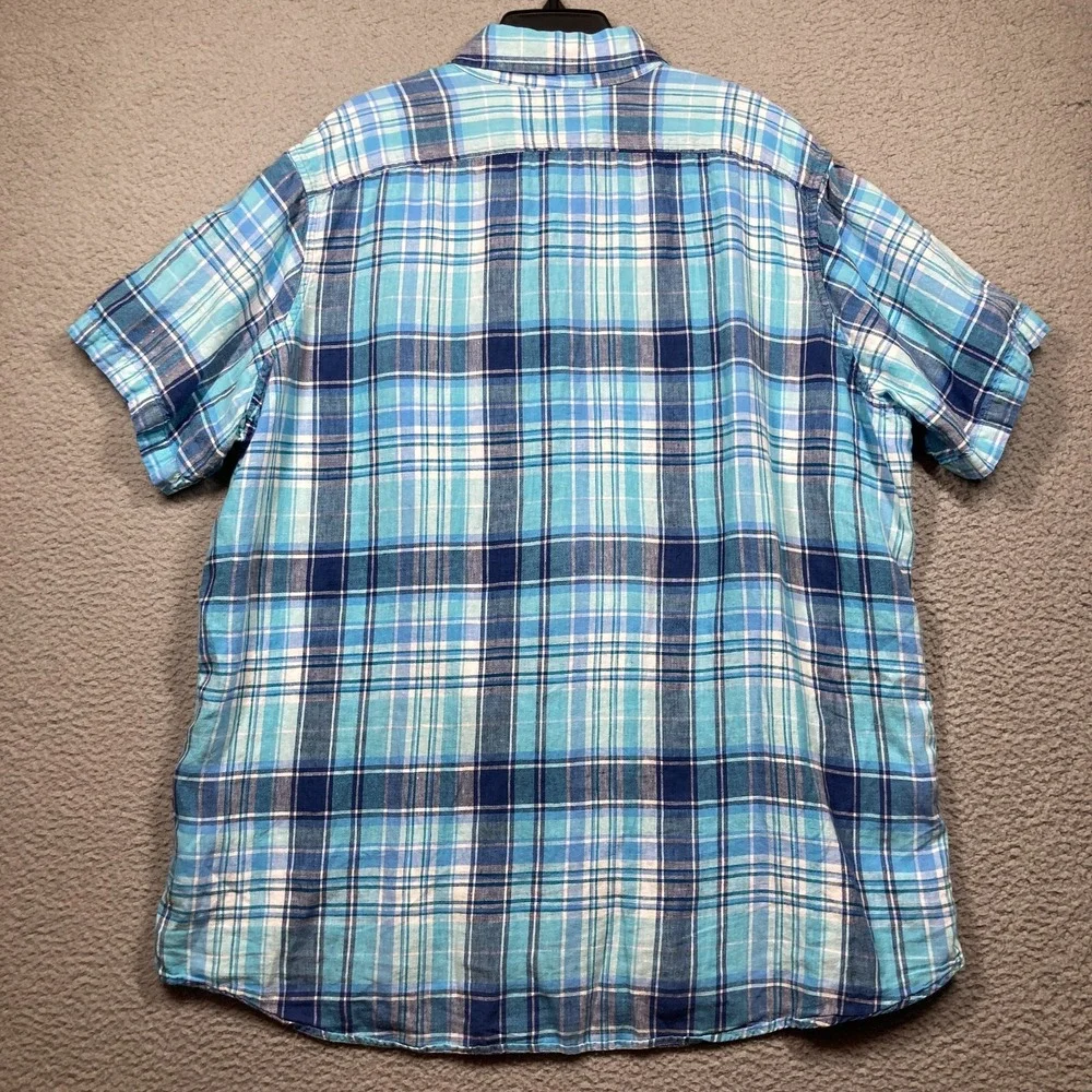 LL Bean Linen Button Shirt Mens XXL Tall Blue Plaid Short Sleeve Slightly Fitted