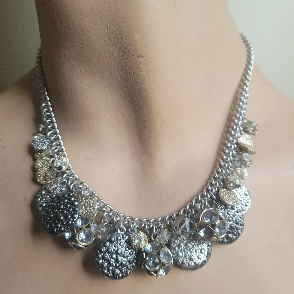 Ann‎ Taylor Loft Silver Gold Tone Crystal Charm Statement Necklace