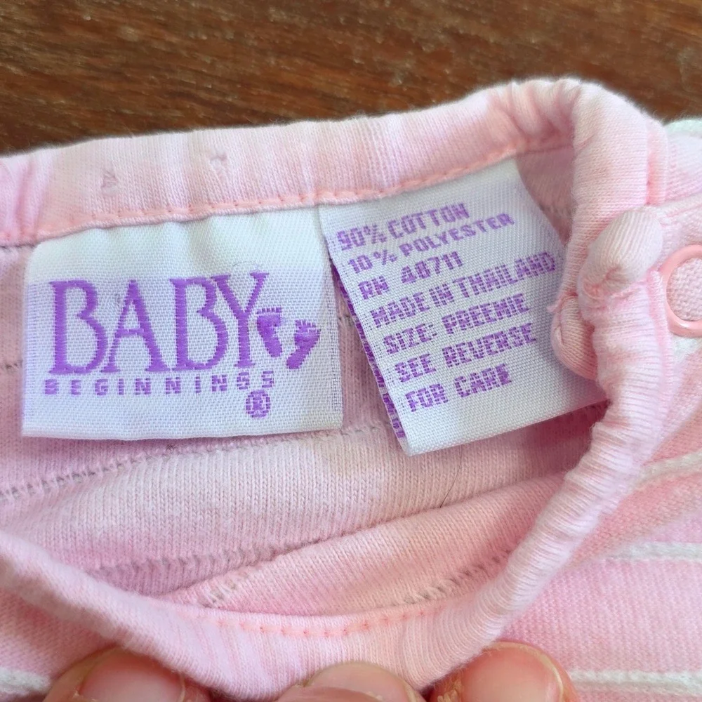Vintage Baby Beginnings Pink‎ Striped Teddy Bear Footed Sleeper Preemie  Y2K