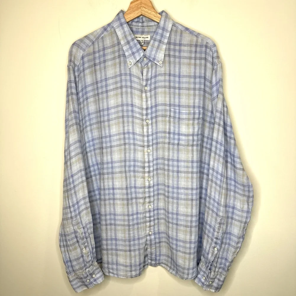 Peter Millar‎ Linen Shirt Men's XL Plaid Blue Crown Crafted Lightweight Preppy