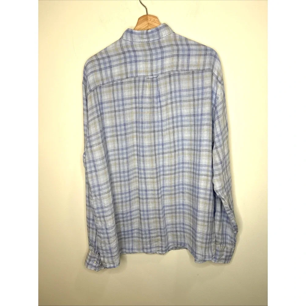 Peter Millar‎ Linen Shirt Men's XL Plaid Blue Crown Crafted Lightweight Preppy