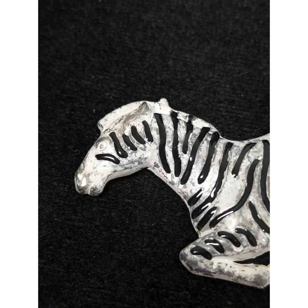 Vintage Zebra Metal Pin Brooch Black Stripe‎ Enamel Tribal