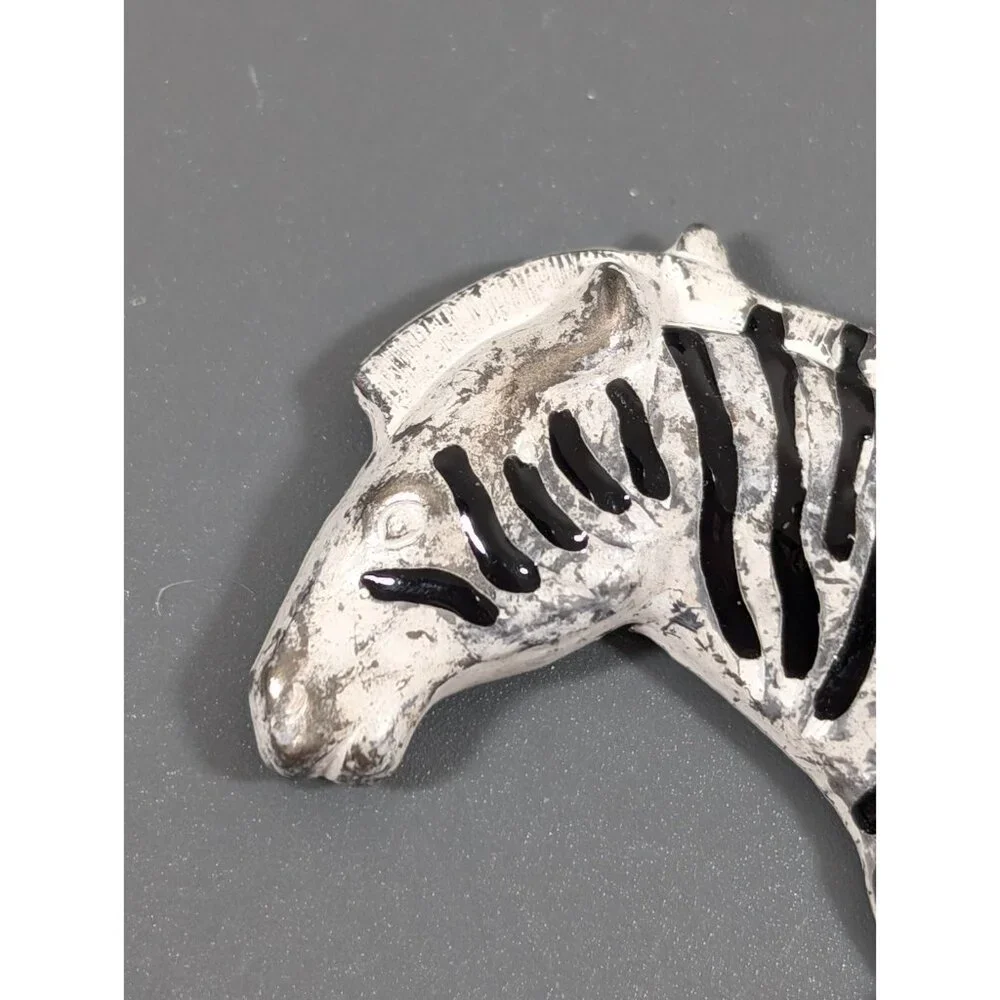 Vintage Zebra Metal Pin Brooch Black Stripe‎ Enamel Tribal