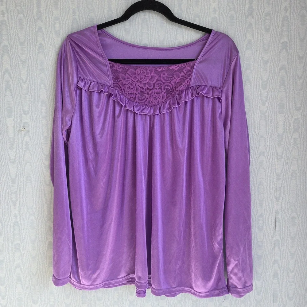 Vtg 80s Womens XL Sleep Shirt Nylon Long Sleeve Lace Front Purple‎ Retro