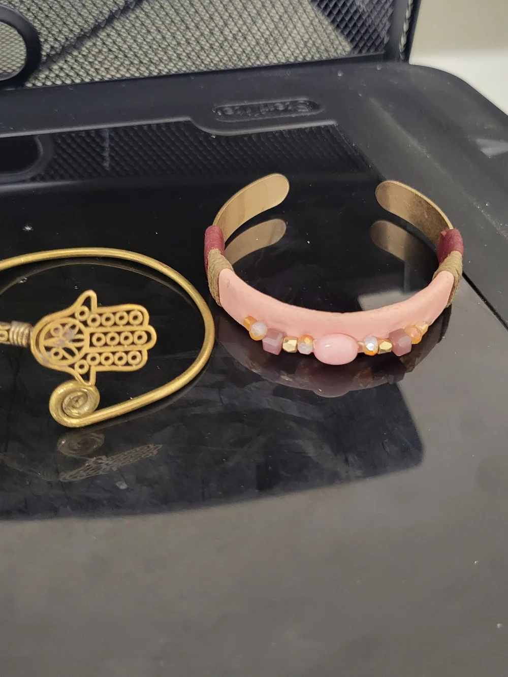 Handcrafted Pink Stone Accent Cuff Bracelet - Women Jewelry