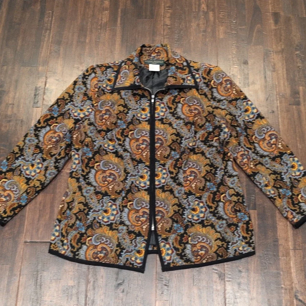 Harve Benard Paisley Print Zipper Jacket Blazer Women 16W Orange Blue Full Zip‎