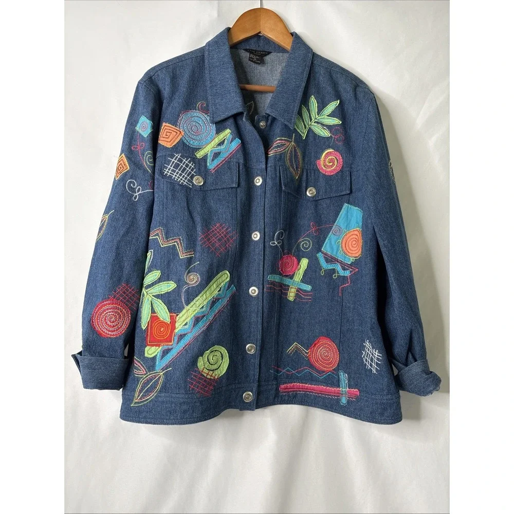 Anne Carson Blue Denim Jean Jacket Women's 3X‎ Embroidered Colorful Abstract