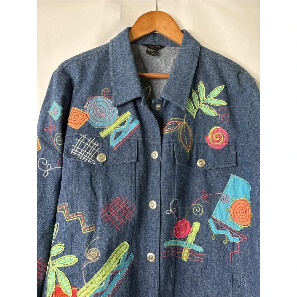 Anne Carson Blue Denim Jean Jacket Women's 3X‎ Embroidered Colorful Abstract