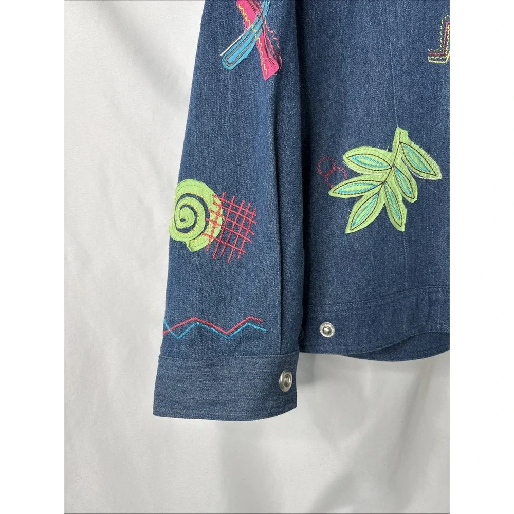 Anne Carson Blue Denim Jean Jacket Women's 3X‎ Embroidered Colorful Abstract