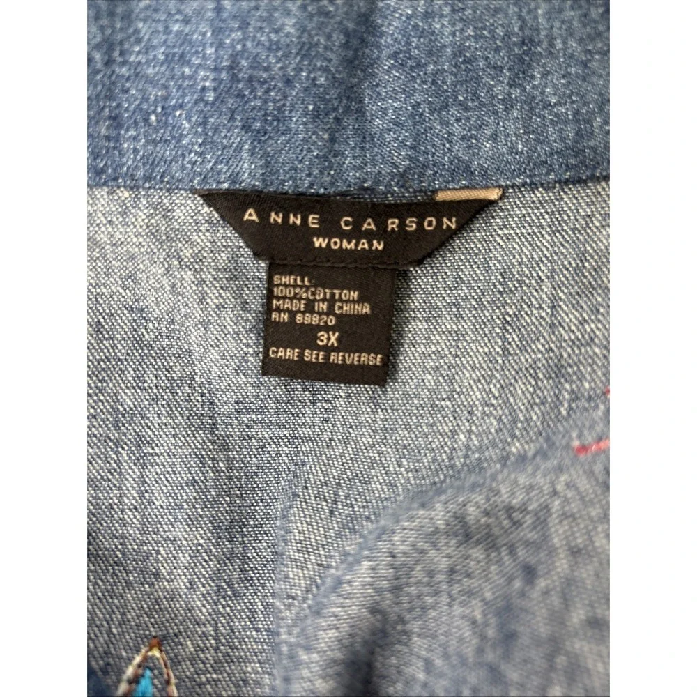 Anne Carson Blue Denim Jean Jacket Women's 3X‎ Embroidered Colorful Abstract