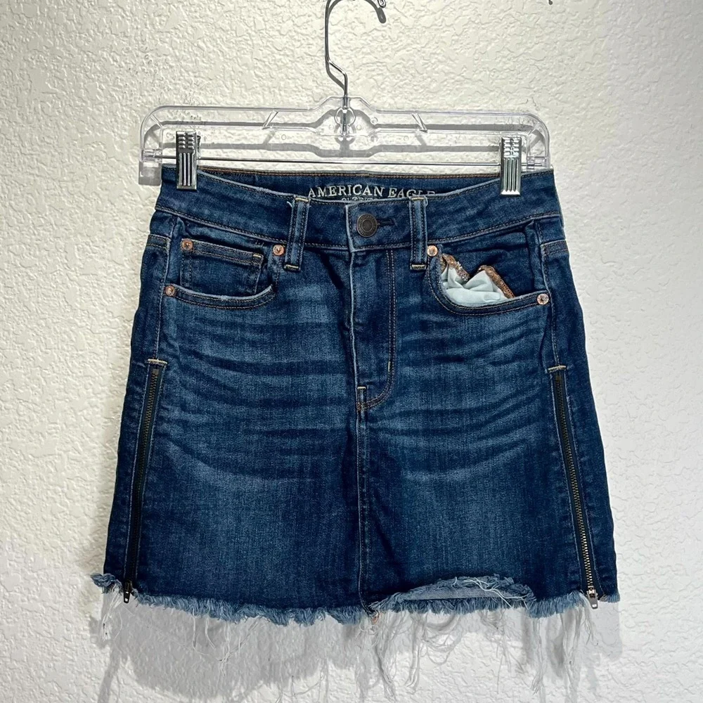 American Eagle Outfitters Mini Skirt‎ Womens 2 Blue Denim High Rise Side Zip